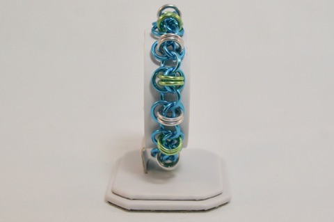 Barrel Weave Bracelet in Light Blue and Light Green Anodized Aluminum